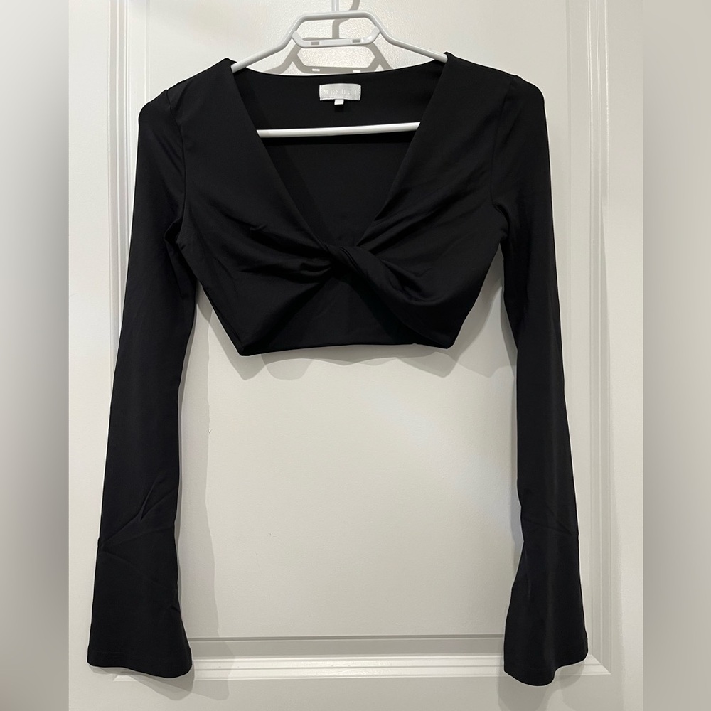 6/$32🛍️ Meshki | Black Long Sleeve Twist Crop Top, XS